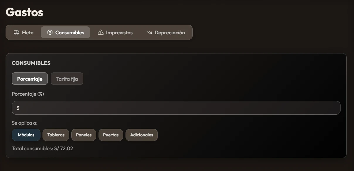 Gastos de flete, consumibles y depreciación de herramientas en Cotizador Modulax