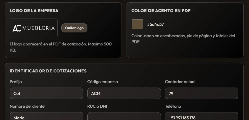 Configuración de la cotización PDF con logo personalizado en Cotizador Modulax