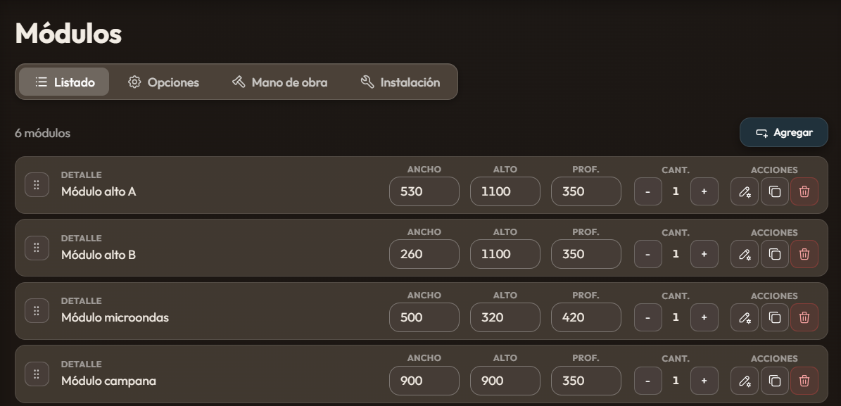 Gestión y configuración de módulos en Cotizador Modulax