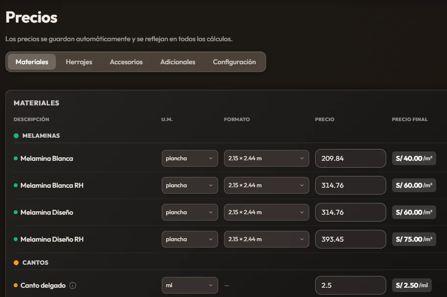 Personalización de precios de materiales, tableros, acabados y accesorios en Cotizador Modulax