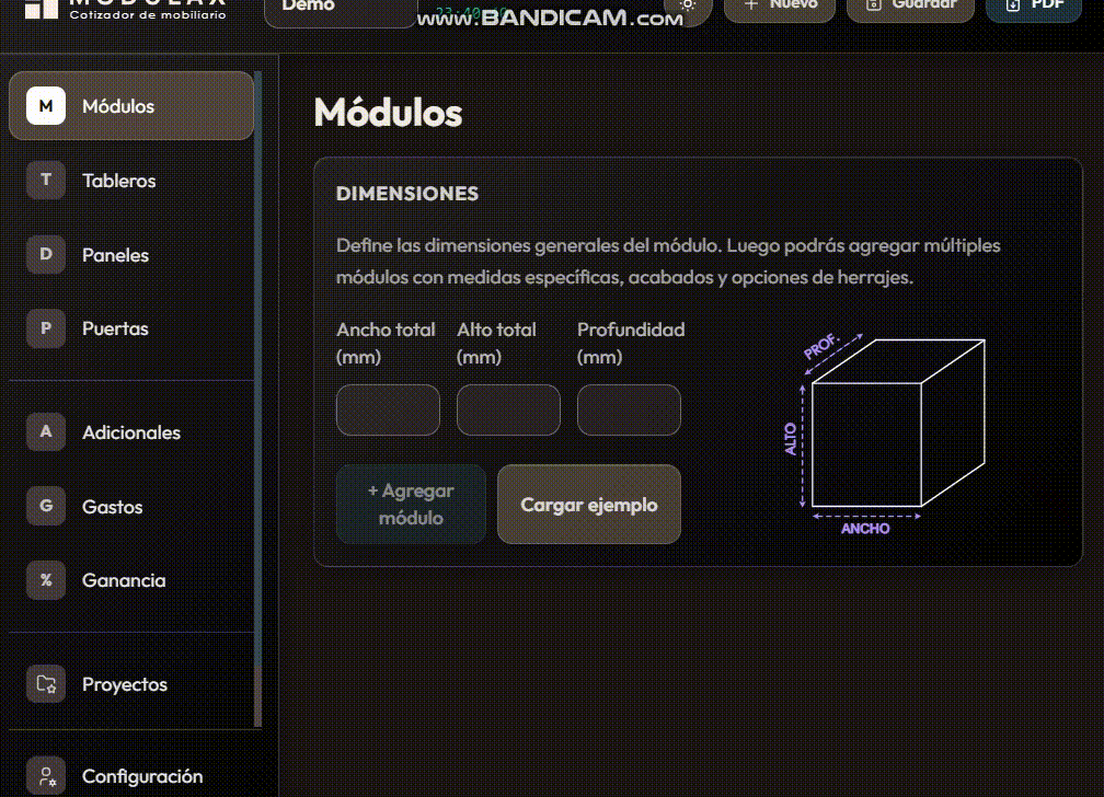 Captura dinámica de la aplicación Cotizador Modulax con edición de muebles y cálculo en tiempo real